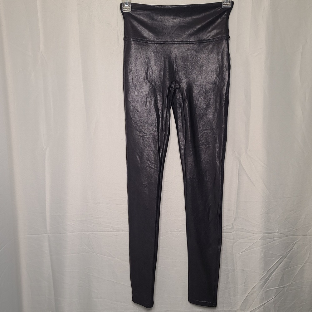 Spanx Faux Leather Leggings Women Small Black High Waisted Slim Compression Edgy
